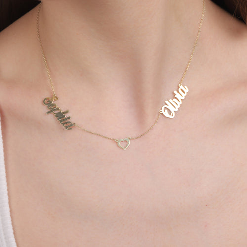 Custom Name Necklace with Heart Connector – Elegant Sterling Silver Jewelry