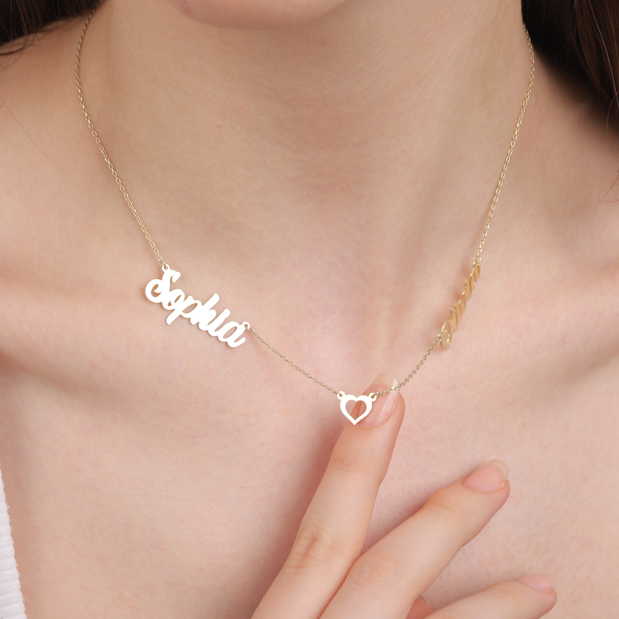 Custom Name Necklace with Heart Connector – Elegant Sterling Silver Jewelry