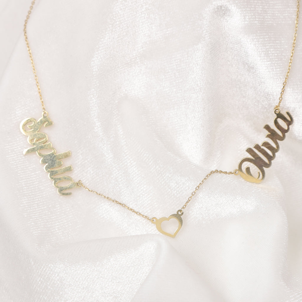 Custom Name Necklace with Heart Connector – Elegant Sterling Silver Jewelry