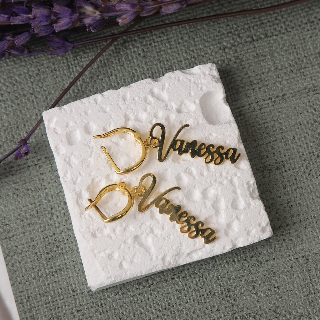 Custom Name Drop Earrings – Gold Personalized Script Hoops
