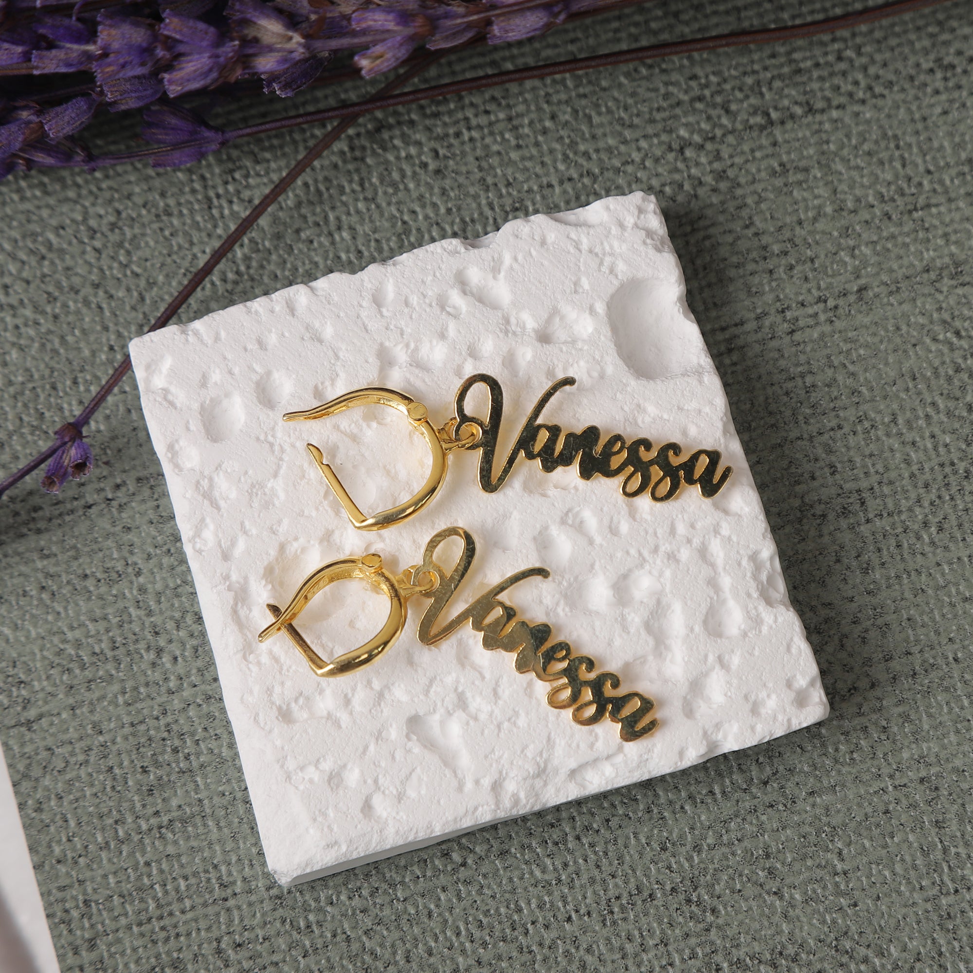 Custom Name Drop Earrings – Gold Personalized Script Hoops