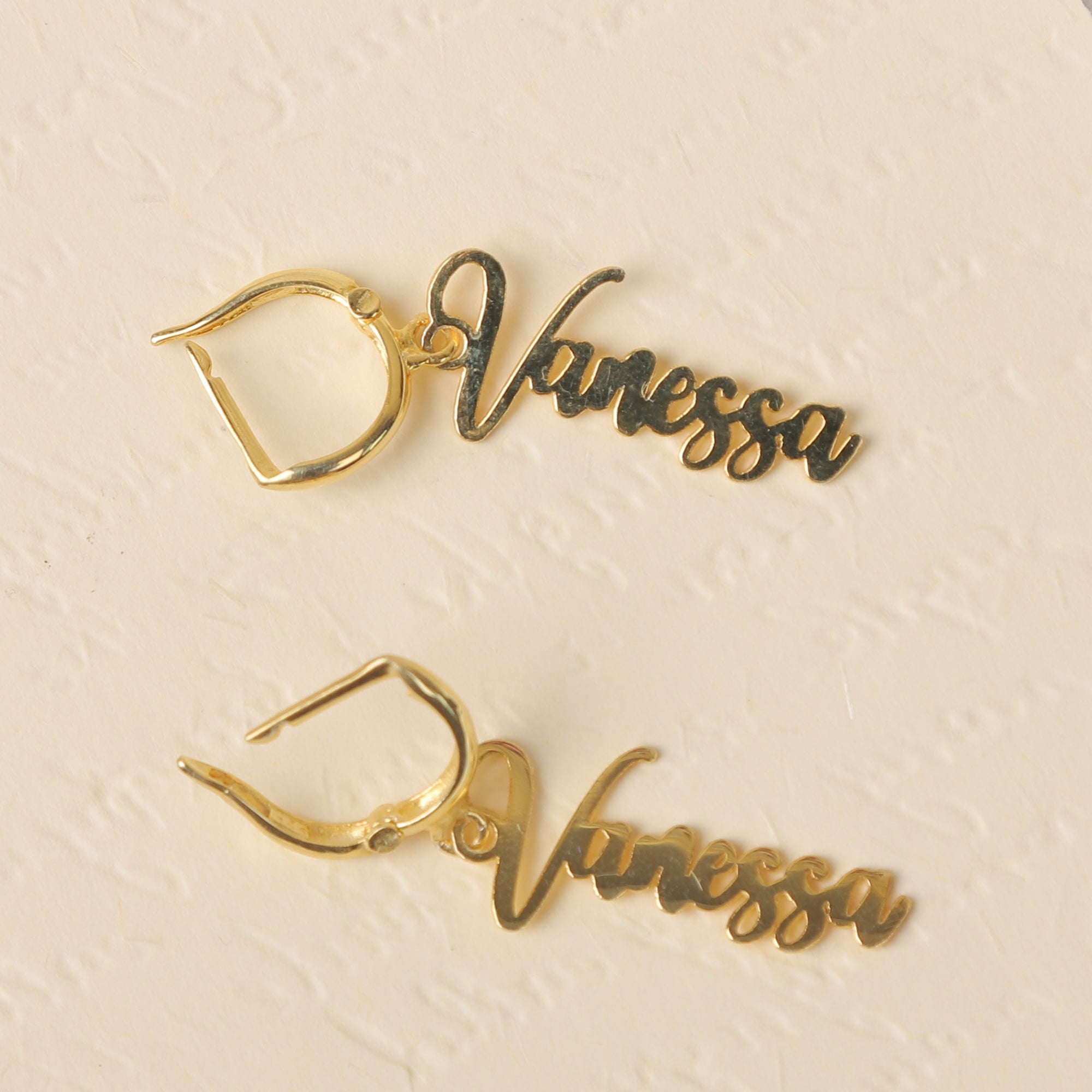 Custom Name Drop Earrings – Gold Personalized Script Hoops