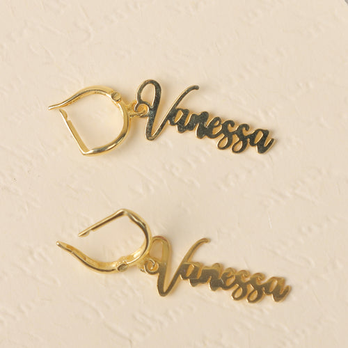 Custom Name Drop Earrings – Gold Personalized Script Hoops